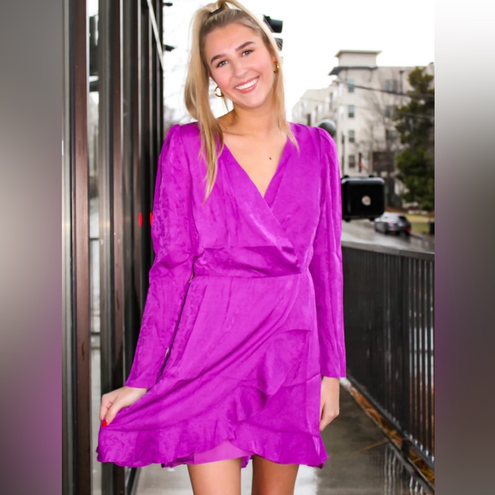 💜 Lucy Paris Purple long sleeve dress with subtle floral detail ~ Large
